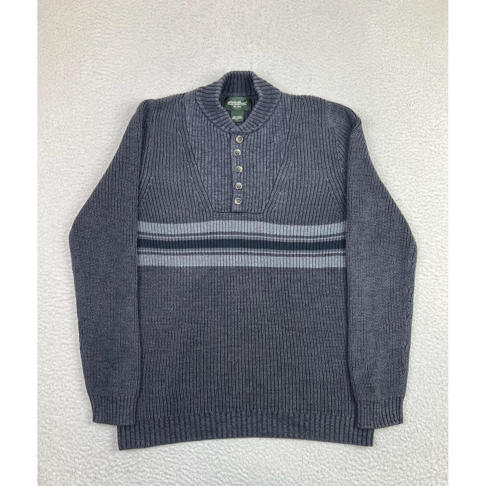 Eddie Bauer Sweater Mens Small Gray Shawl Collar‎ Henley Pullover Striped Knit